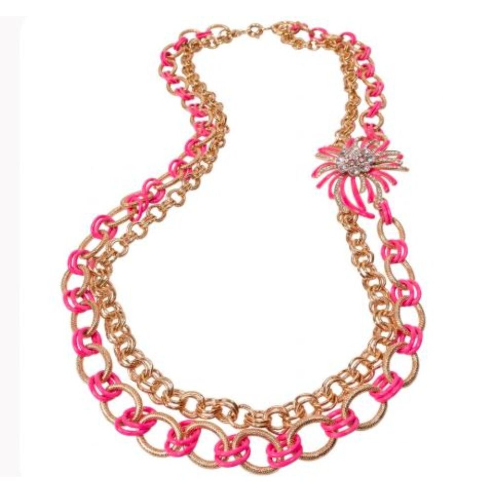 Milly Gold Enamel Double Link Crystal Firework Flower Necklace NWOT 210 PINK